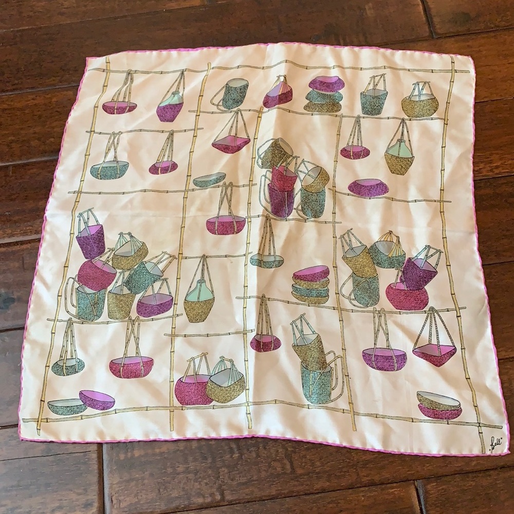 Vintage “Bell” signed silk scarf from 1950s Basket Print